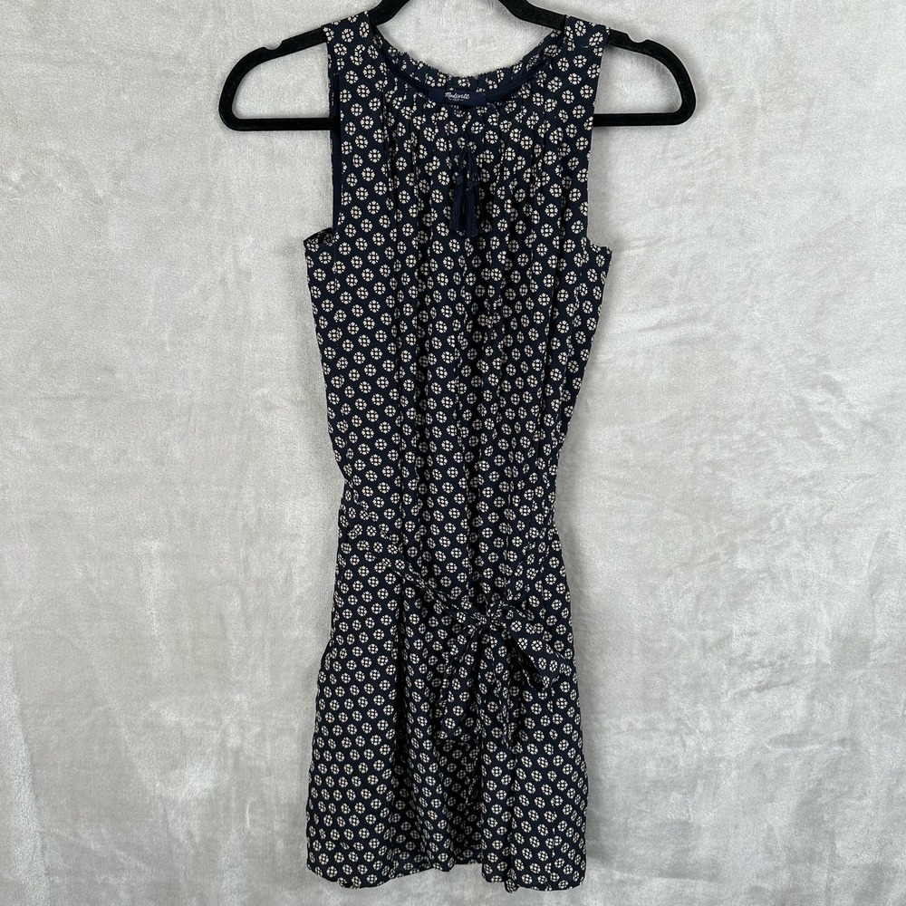 Madewell Dress Womens XXS Navy Silk Ville Coin Lined Pockets Tie Boho Peasant